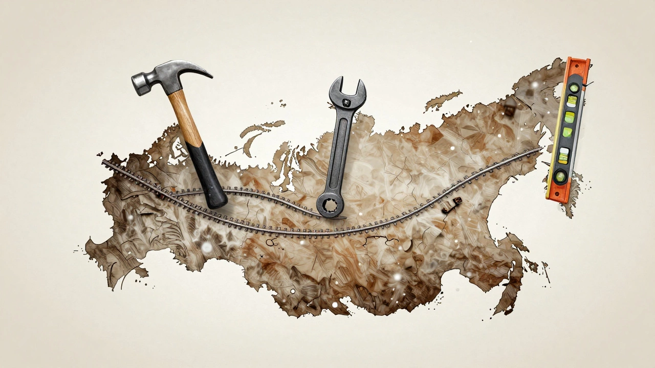 Карта России с символами ручных инструментов над городами, зимний пейзаж, без текста.