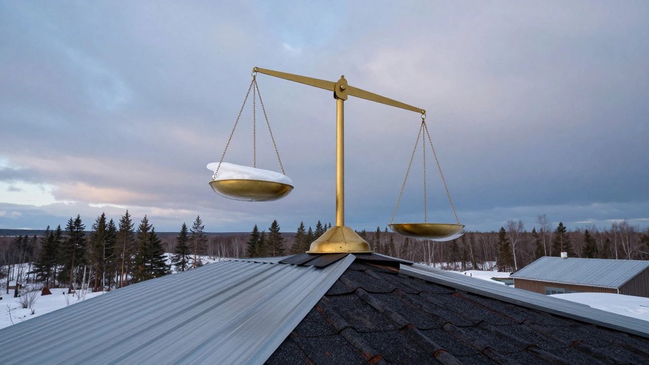 Концептуальное изображение баланса между снеговой нагрузкой и ветровым давлением на крыше под углом 35-40 градусов.