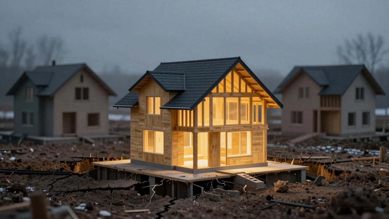 Концептуальное изображение надежного фундамента с золотым светом и разрушающихся альтернатив вокруг.