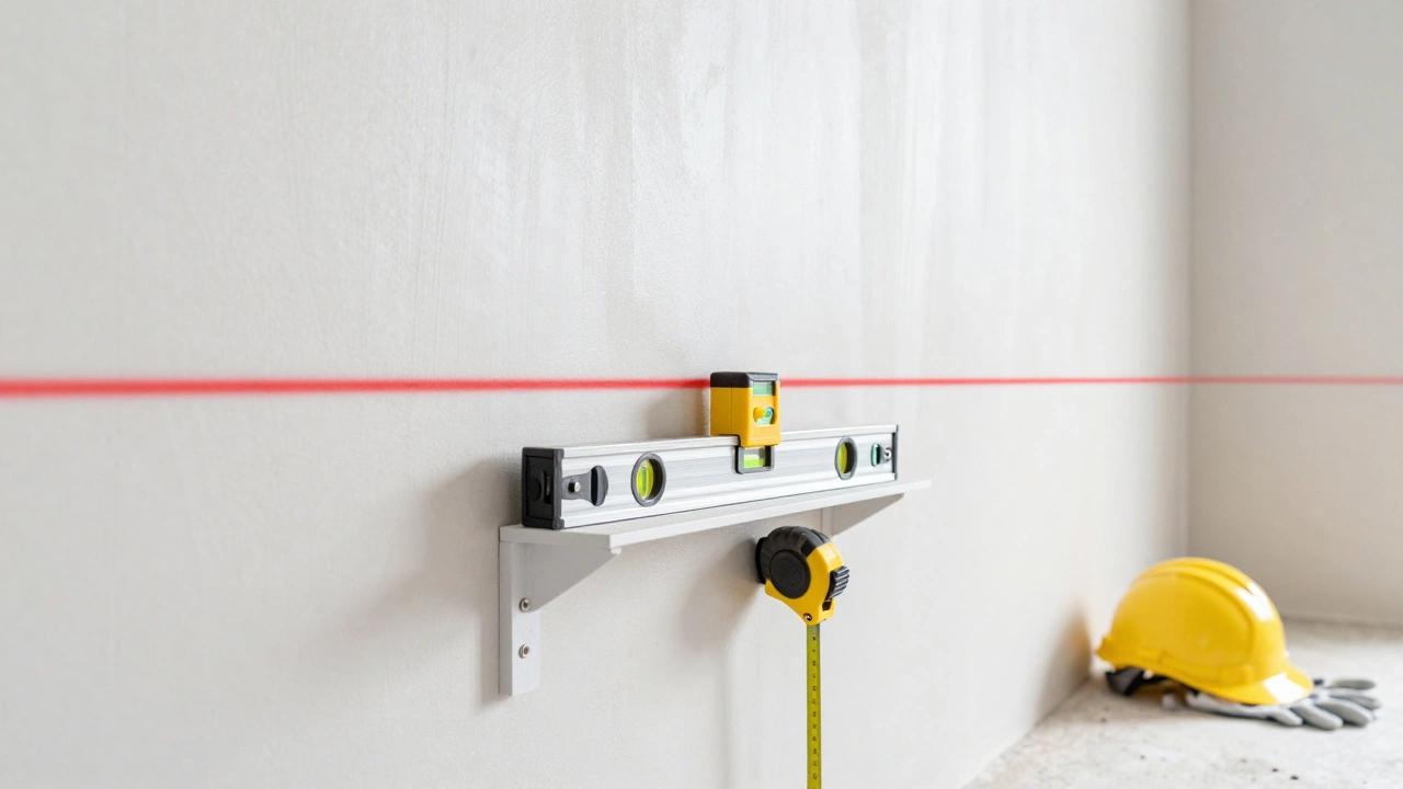 Лазерный уровень и рулетка на стене для точных замеров ремонта.
