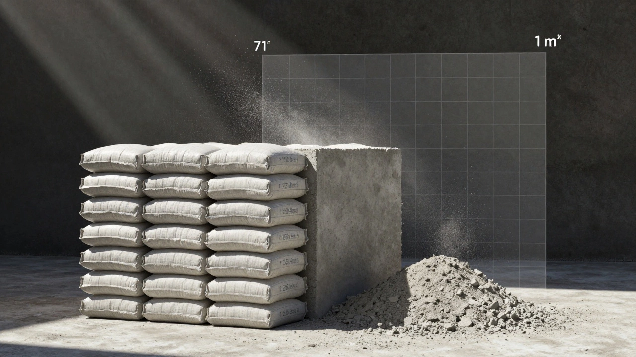 Один кубометр бетона и 71 мешок по 25 кг, демонстрирующие эквивалентный объём.