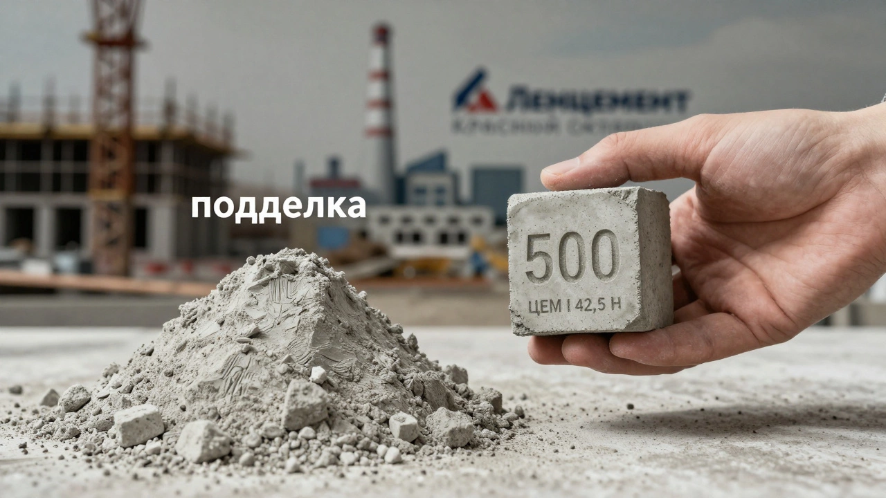 Рука держит настоящий цемент М500 с маркировкой рядом с поддельным порошком, на фоне заводов-производителей.