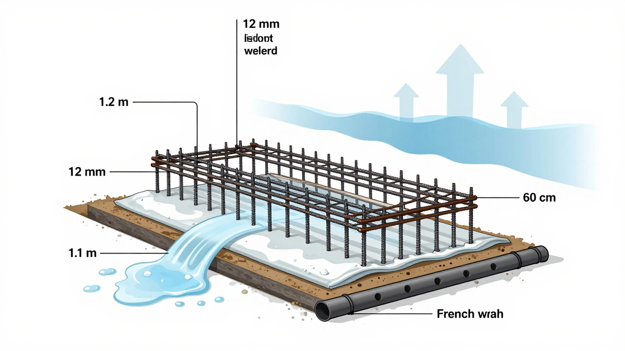 Схема армированного фундамента с гидроизоляцией и дренажной системой, показывающая слои и уровень грунтовых вод.