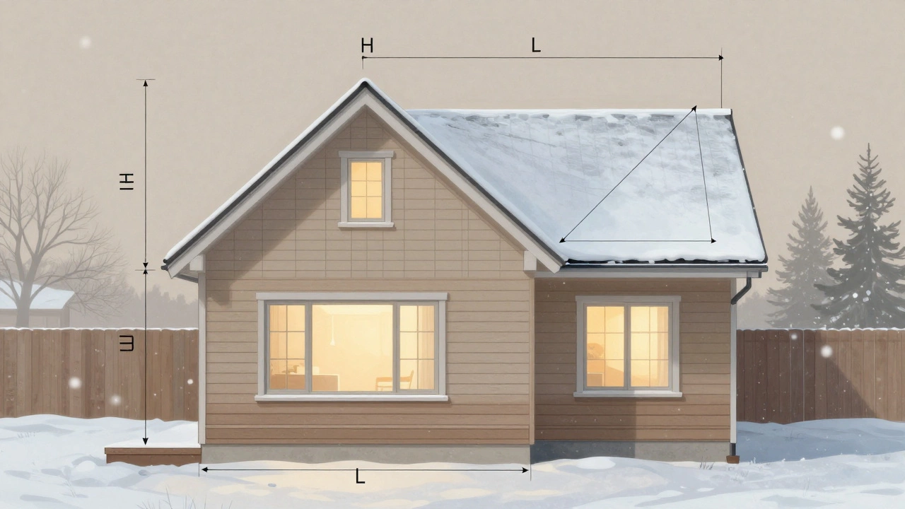 Схема дома с обозначенными высотой конька и половиной ширины, показывающая геометрию расчета уклона крыши.