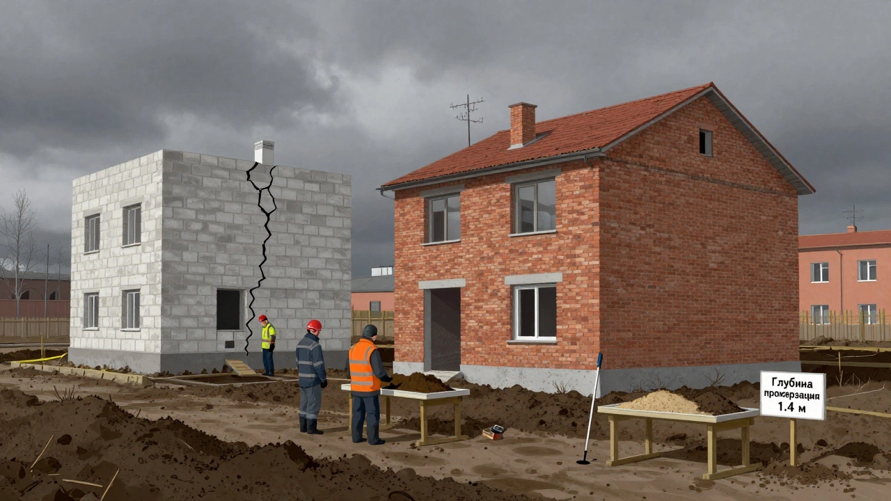 Сравнение двух фундаментов: узкий треснувший и широкий прочный, на фоне грунтовых образцов и знака о глубине промерзания.
