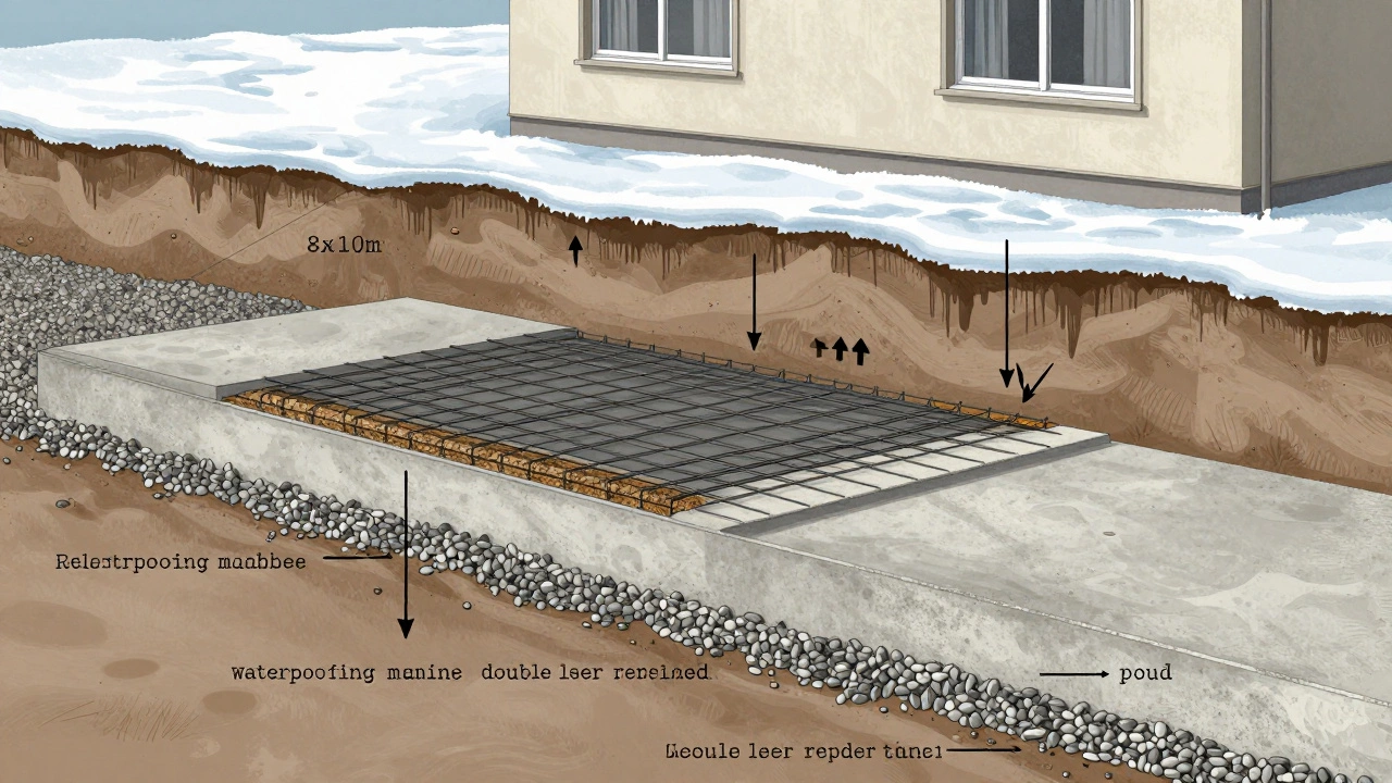 Сравнение ленточного и монолитного фундамента: разрез с слоями грунта, гидроизоляции и арматуры.