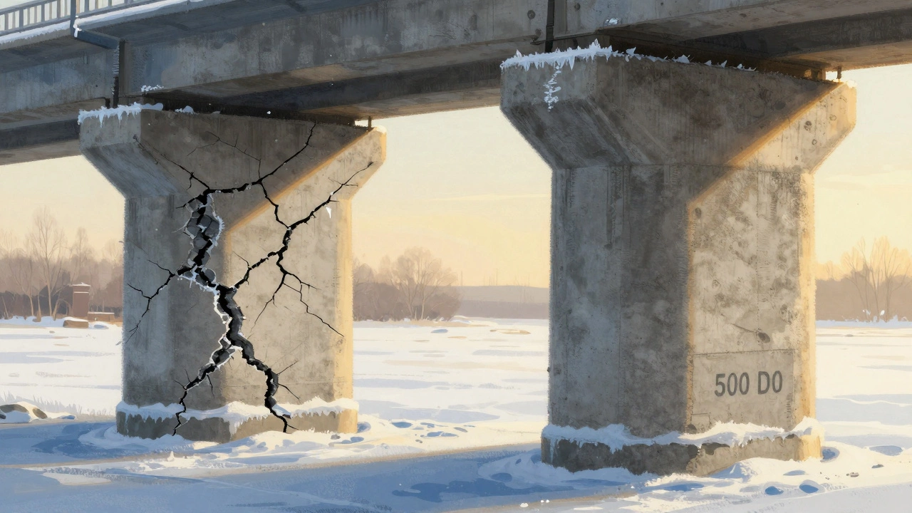 Сравнение разрушенного мостового опоры и целой опоры из цемента М500 под воздействием циклов замерзания и оттаивания.