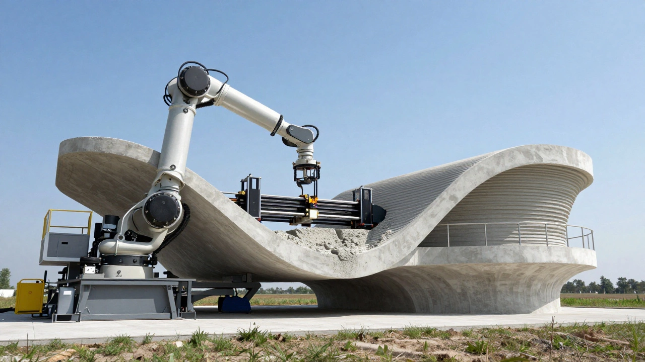 Большой 3D-принтер печатает стены современного дома из бетона