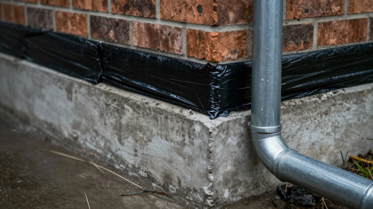 Детальный вид монолитного фундамента с гидроизоляцией и системой водостока