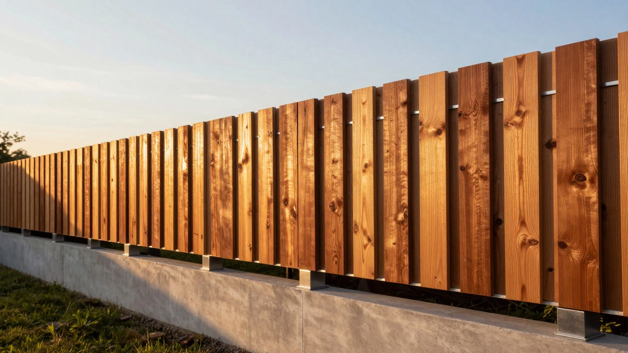 Эстетичный забор из лиственницы на металлических кронштейнах над землей