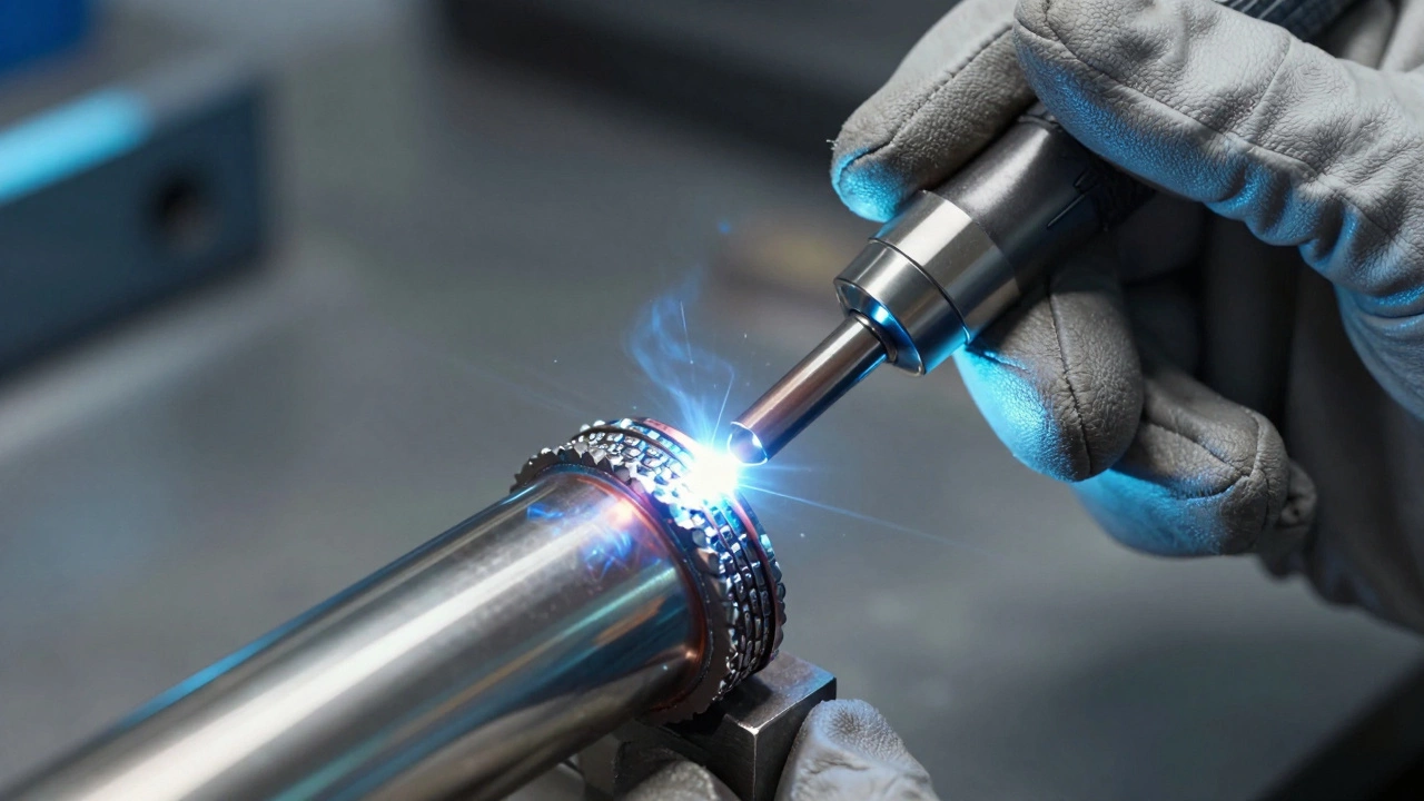 Макроснимок процесса высокоточной аргоновой сварки титановой трубы