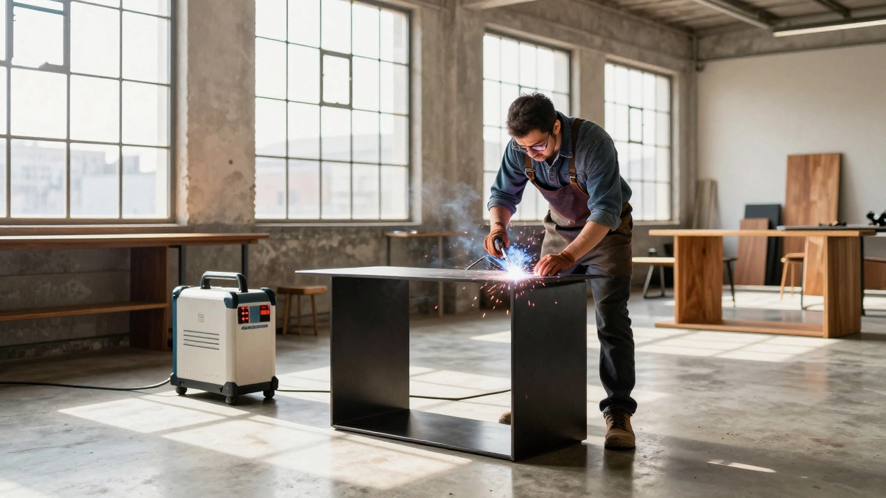 Мастер создает дизайнерскую мебель из металла в современной светлой мастерской