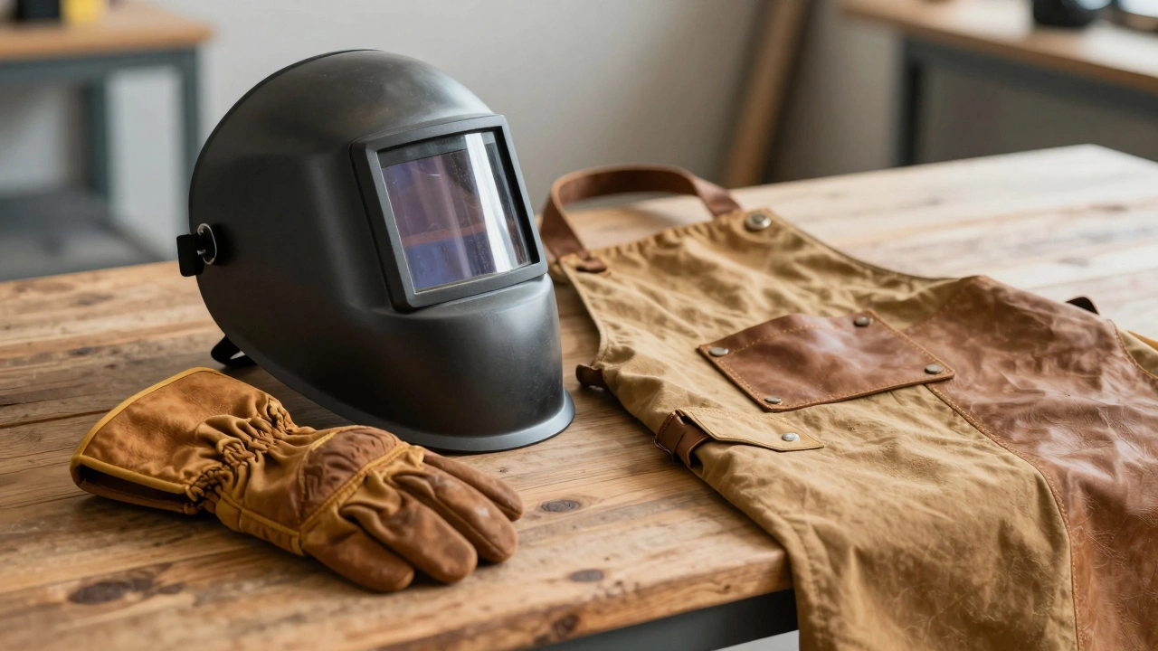 Набор средств индивидуальной защиты сварщика: маска-хамелеон, кожаные краги и фартук