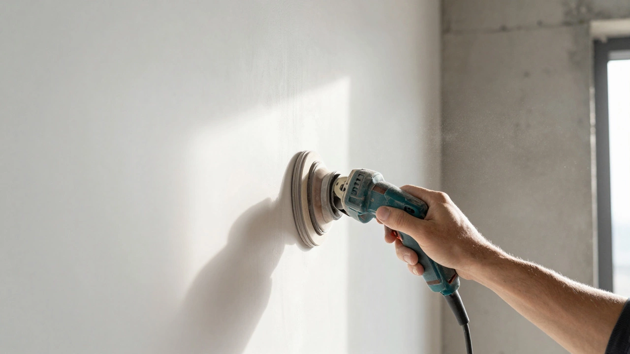 Процесс финишной шлифовки стен при внутренней отделке дома