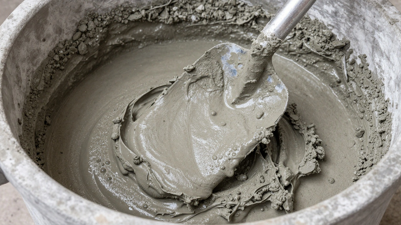 Процесс ручного перемешивания густой бетонной смеси лопатой в стальном корыте