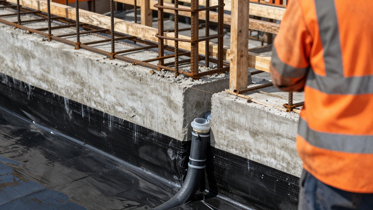 Процесс заливки бетонного фундамента с арматурой и гидроизоляцией