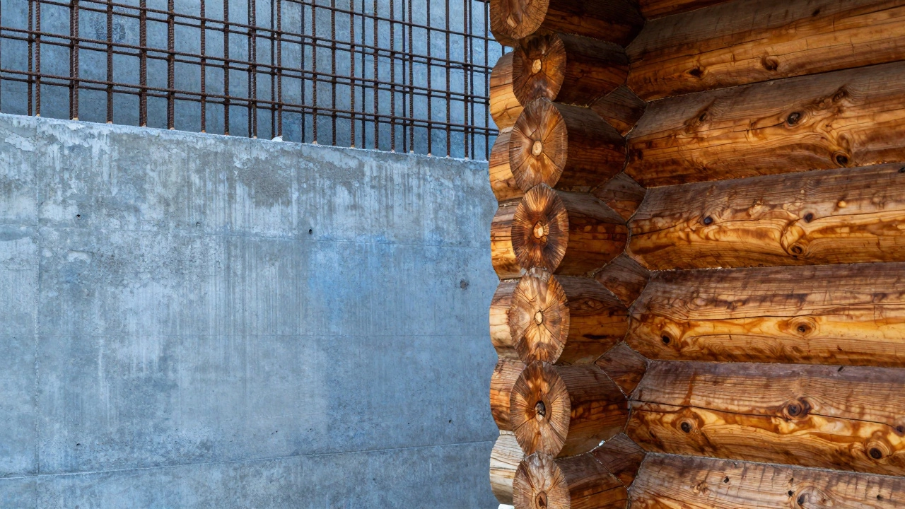 Сравнение текстур монолитного бетона и традиционного сруба из лиственницы
