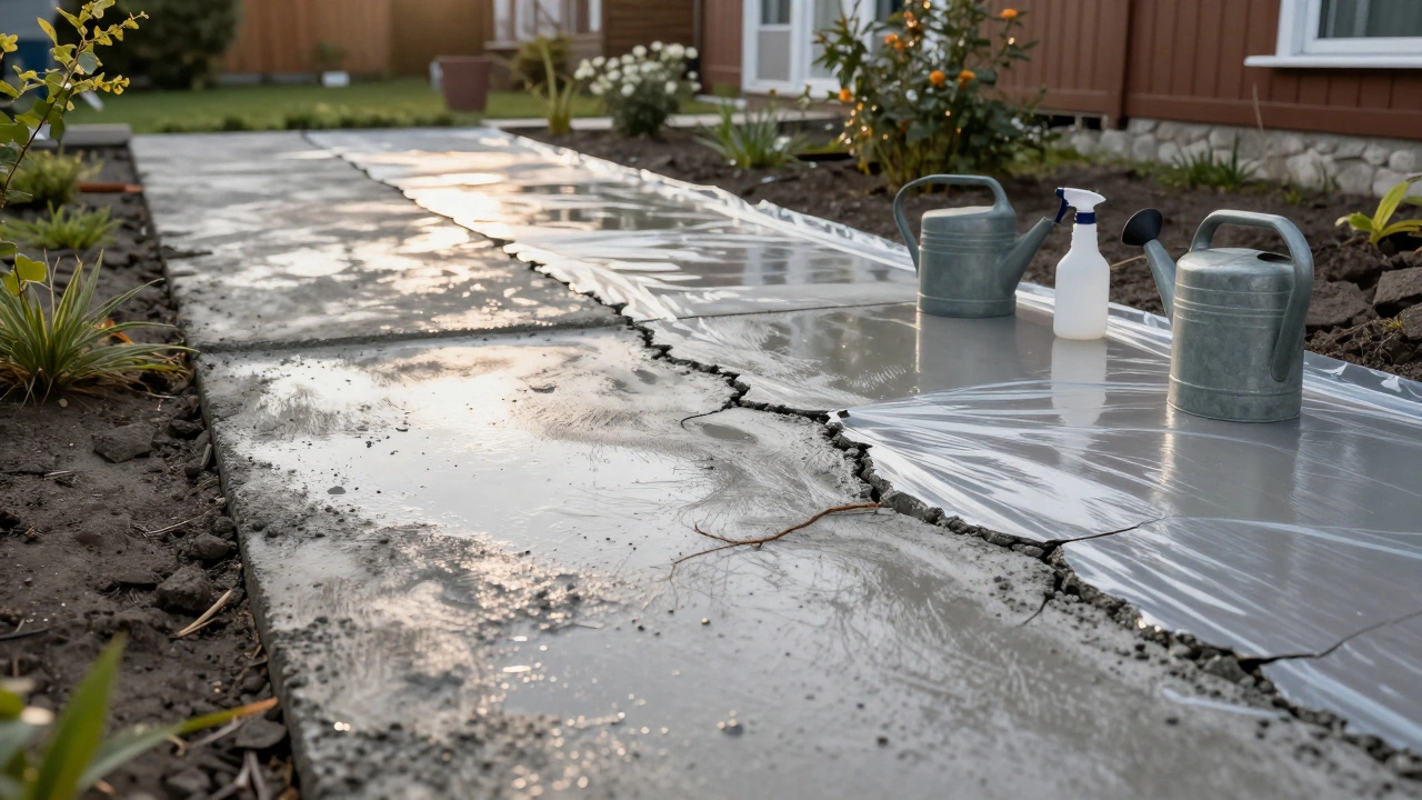 Свежезалитая бетонная садовая дорожка под защитной пленкой для правильной сушки