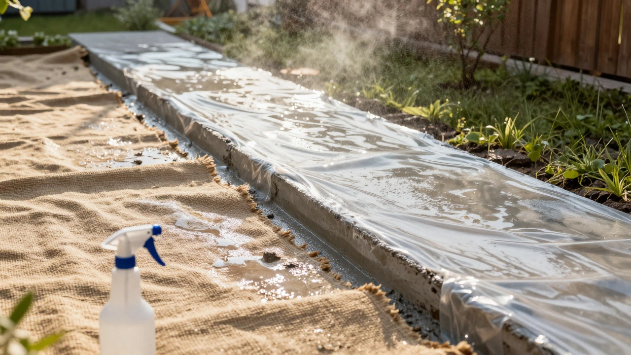 Уход за свежей бетонной дорожкой с использованием пленки и увлажнения